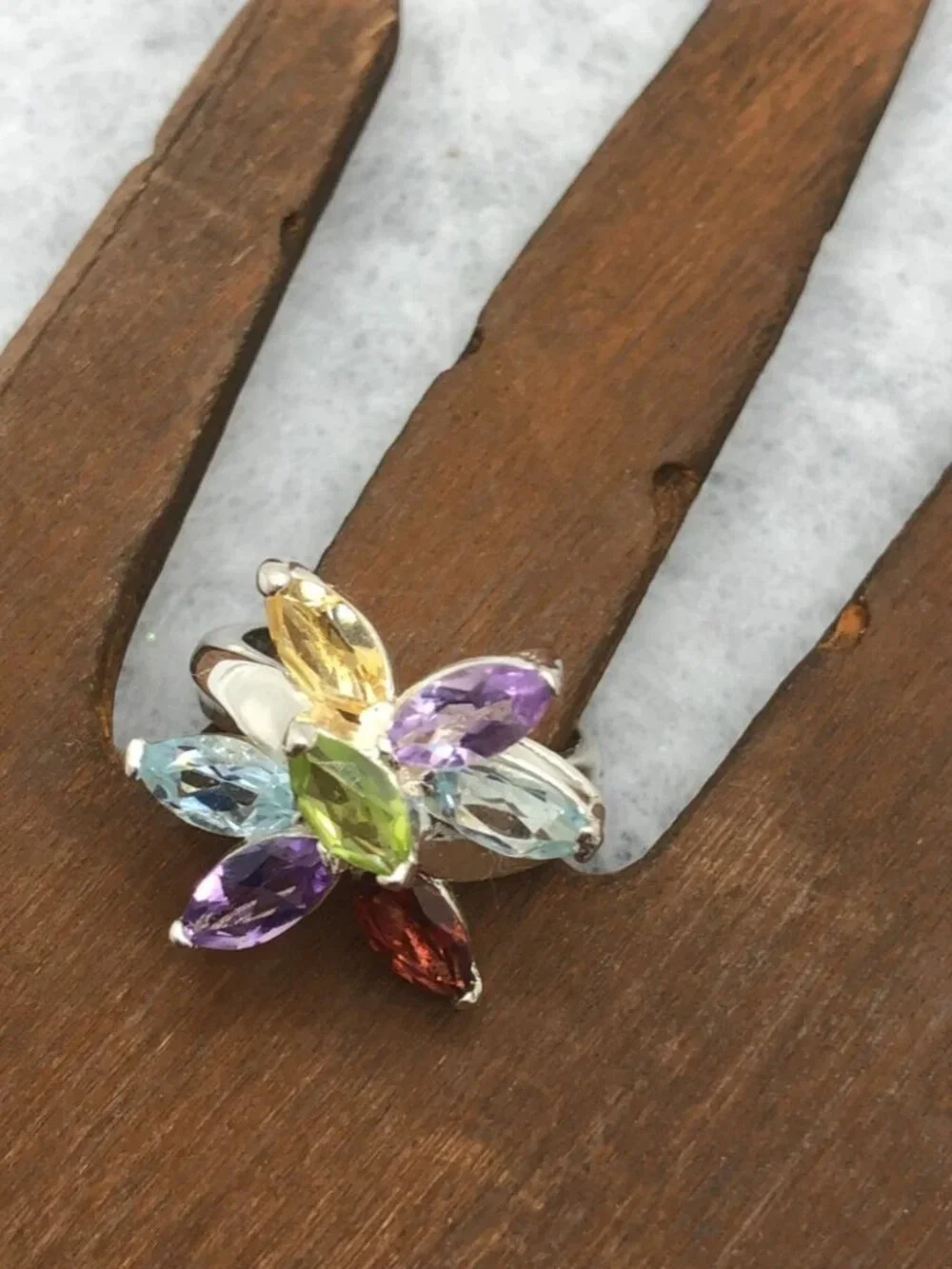 Colorful Sterling silver multicolor stone flower ring   6.5 - 7
